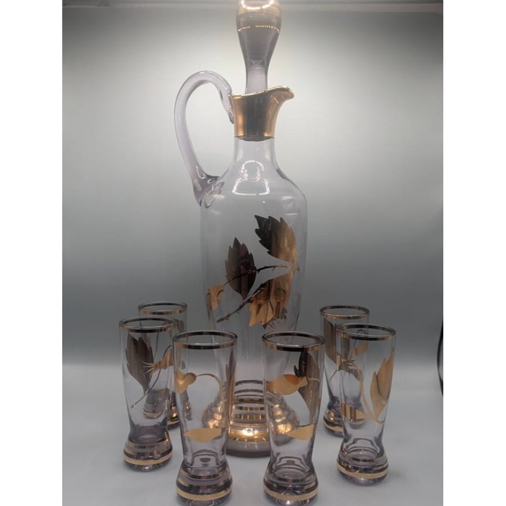 Vintage MCM Rose Etched Glass Decanter w/ 6 glasses - all with Gold Trim
